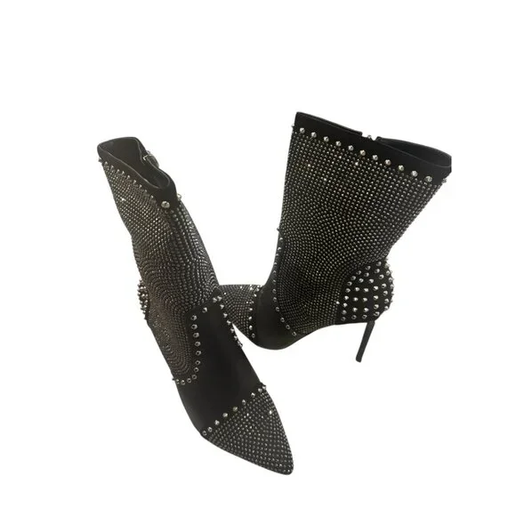 Azalea Wang Studded Stiletto Ankle Boots Black Rhinestone Pointed Toe High Heel - Picture 1 of 5